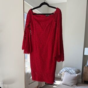 Bardot Red Lace Long Sleeve Off Shoulder Dress